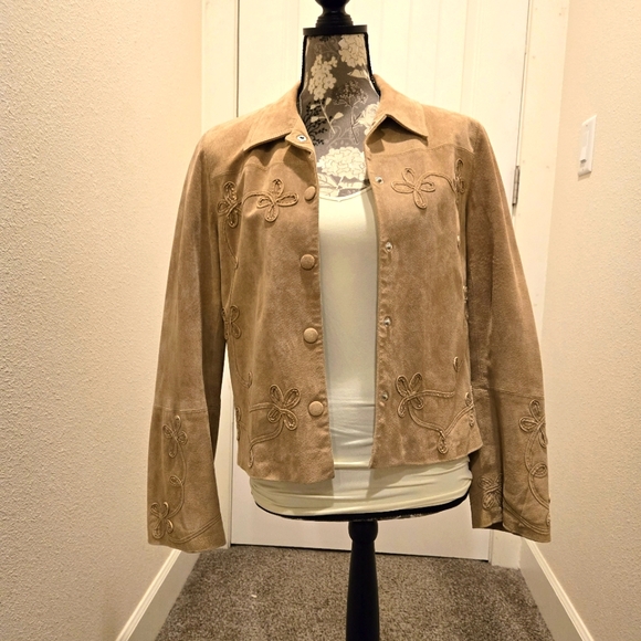 Vintage The Territory Ahead Suede Leather Jacket Floral Applique Tan Size Large - Picture 2 of 16